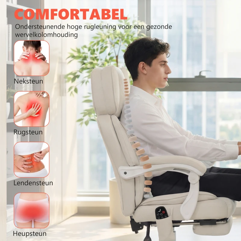 HOMCOM Ergonomische bureaustoel met vibratiemassage en verwarming, kantelbaar, met voetsteun, crème wit