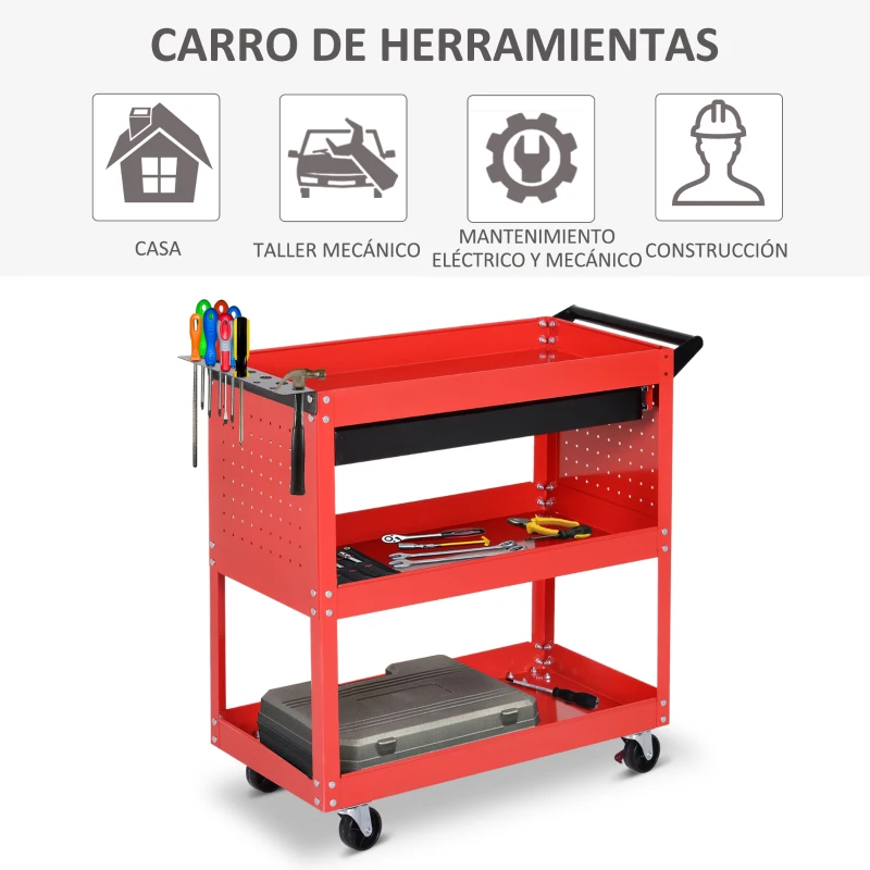 DURHAND Carro de Taller Carro de Herramientas con 3 Bandejas y Cajón Ruedas con Frenos Asa Lateral Panel Lateral Perforado Rojo