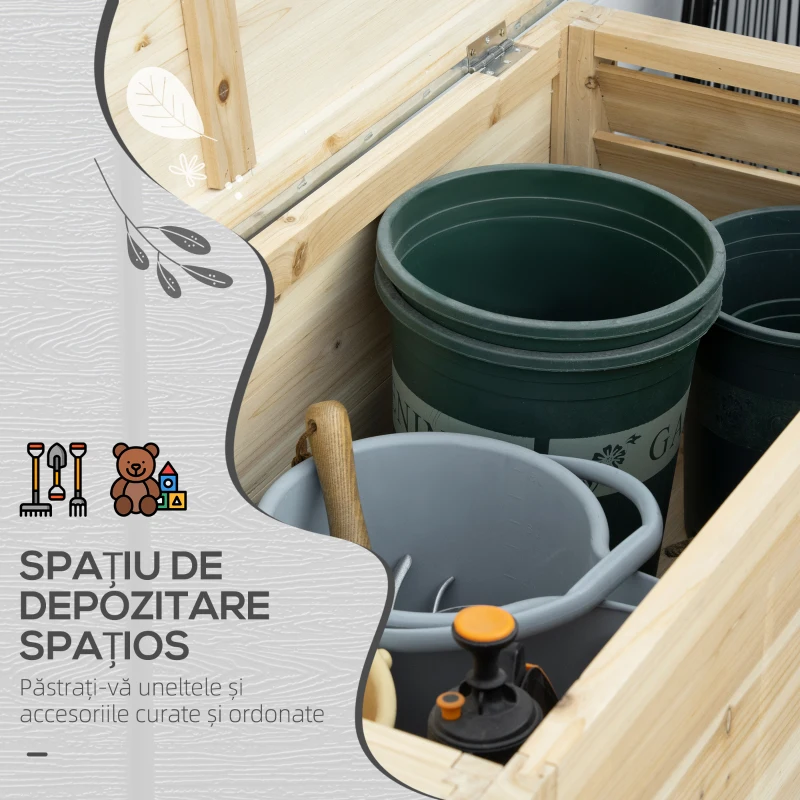 Outsunny Ladă de Exterior de 155L din Lemn cu Capac din Metal și 2 Amortizoare, 110x50x50 cm, culoare Lemn