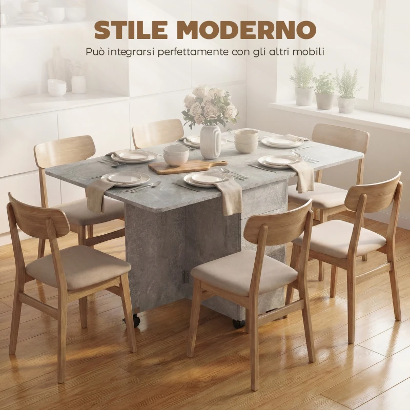 HOMCOM Tavolo da Pranzo Pieghevole a Ruote con 2 Cassetti, 2 Ante e Armadietto, in Legno, 140x76x74 cm, Grigio Cemento