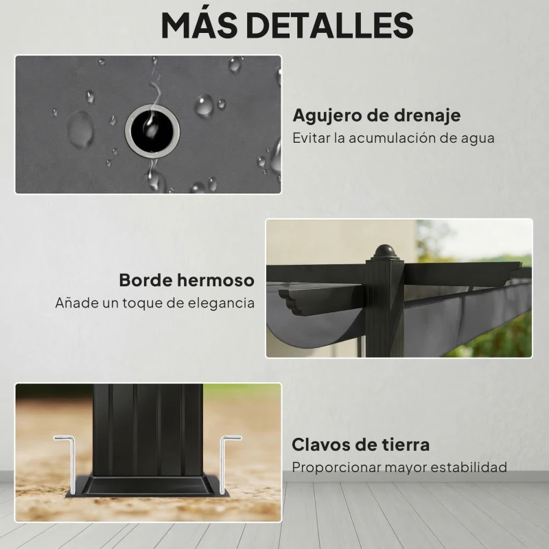 Outsunny Pérgola de Jardín 4x3 m con Techo Retráctil Estructura de Aluminio UPF30+ Orificios de Drenaje Pabellón Exterior Gris
