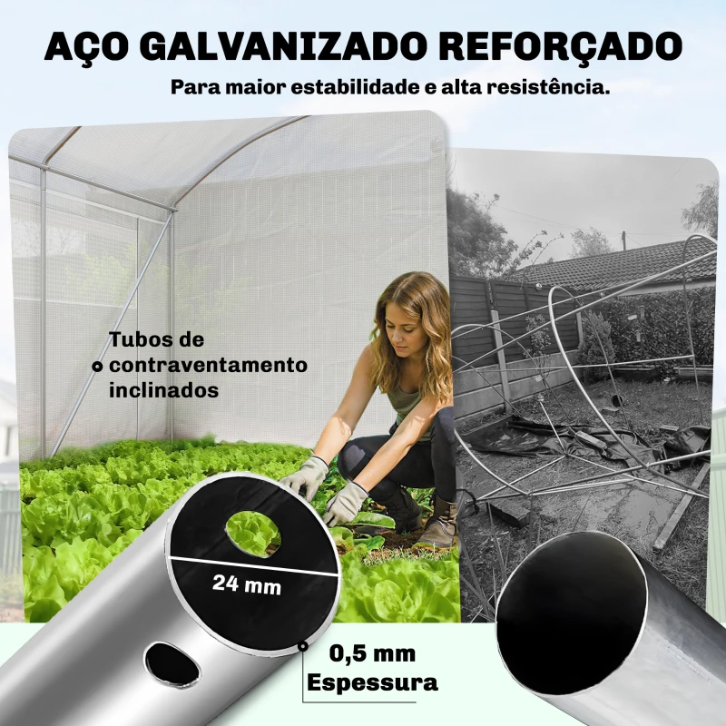 Outsunny Estufa Túnel 6x3x2 m com 3 Portas Enroláveis, 6 Janelas com Rede e Estrutura de Aço Galvanizado Branco