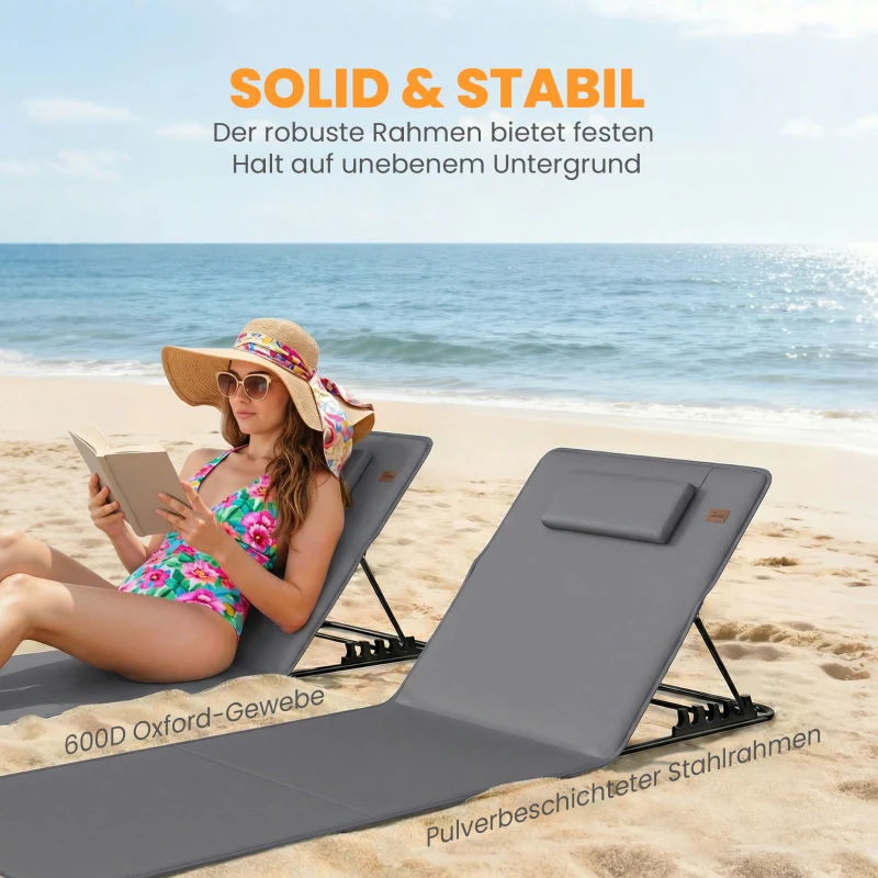Outsunny 2-delige set strandmat met verstelbare rugleuning opvouwbaar lichtgewicht strandligstoel met kussen opbergvak