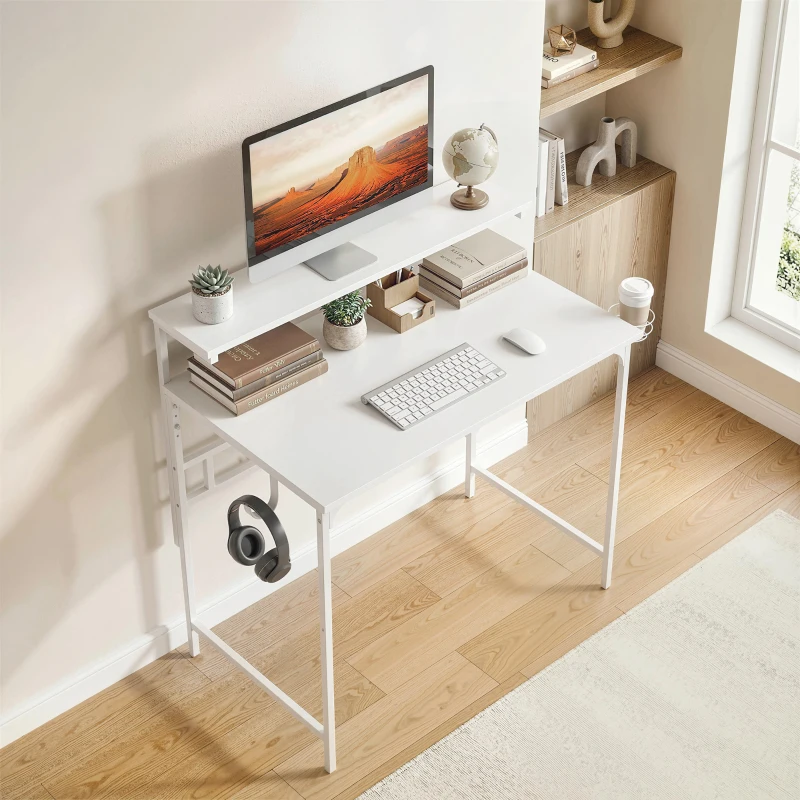 HOMCOM Computer Desk, 80cm Home Office Study Table with Hutch Shelf, Cup Holder, Headphone Hook, White