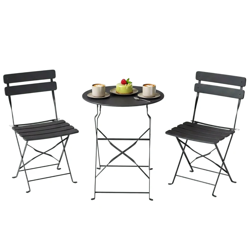 Outsunny 3-teiliges Bistro-Garten-Set Tisch und 2 klappbare Lamellenstühle Doppelschutz gegen Rost Schwarz