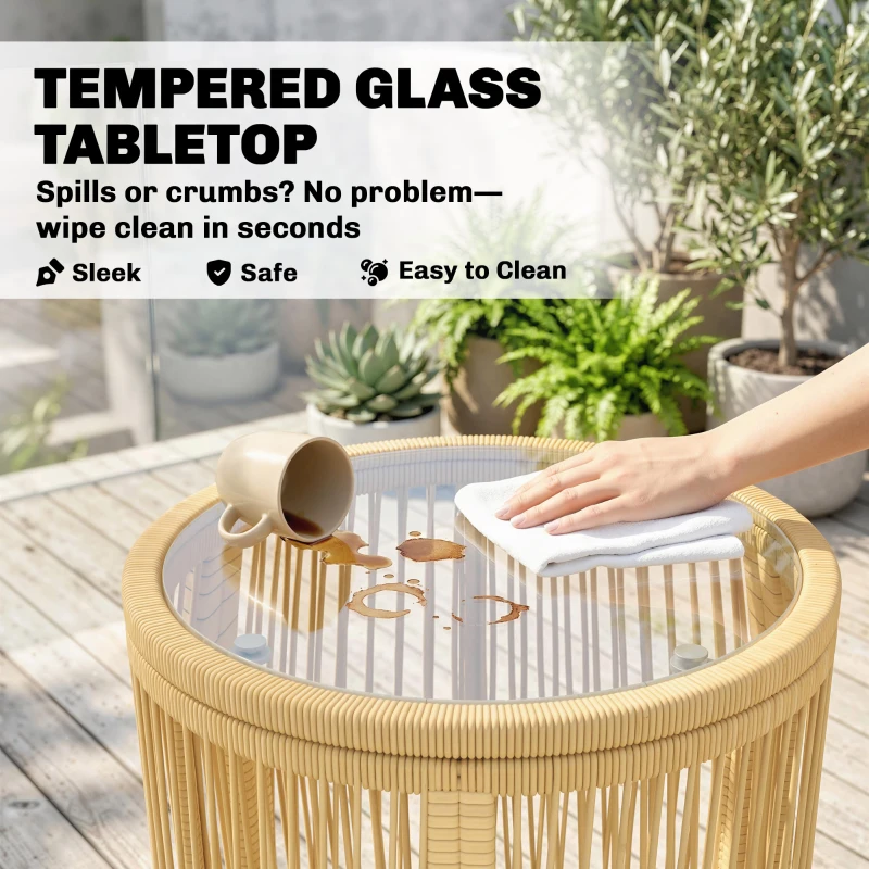 Outsunny Set bistrot rattan 3 pezzi con tavolo in vetro e 2 sedie con cuscini
