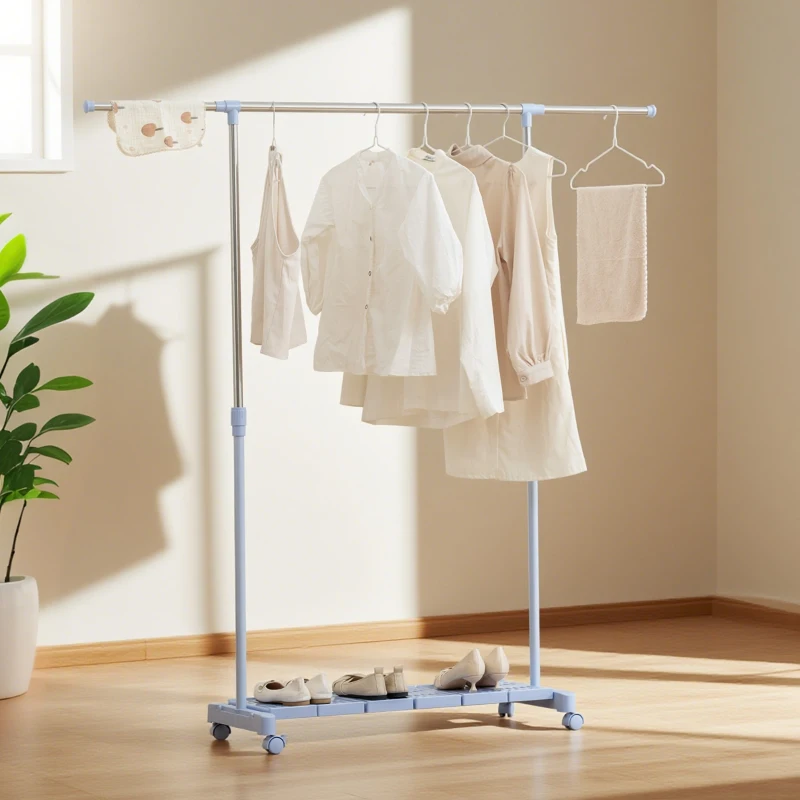 HOMCOM Tendedero Extensible con Ruedas con Barra de Acero Inoxidable y Estante para Zapatos 159x42x168 cm Azul y Plata
