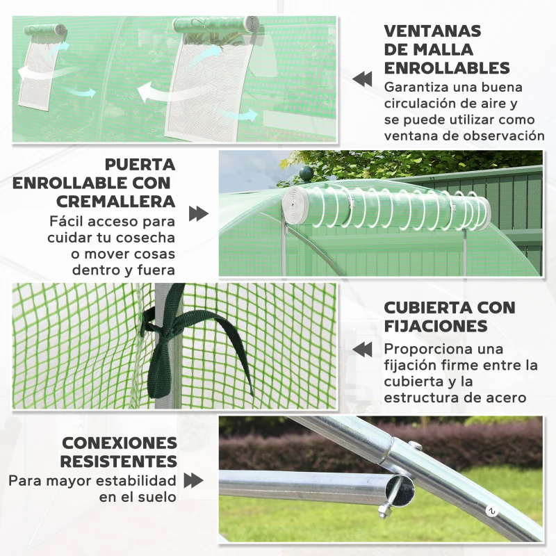 Outsunny Invernadero de Túnel 6x3x2 m con Puerta Enrollable 8 Ventanas de Malla y Estructura de Acero Galvanizado Verde