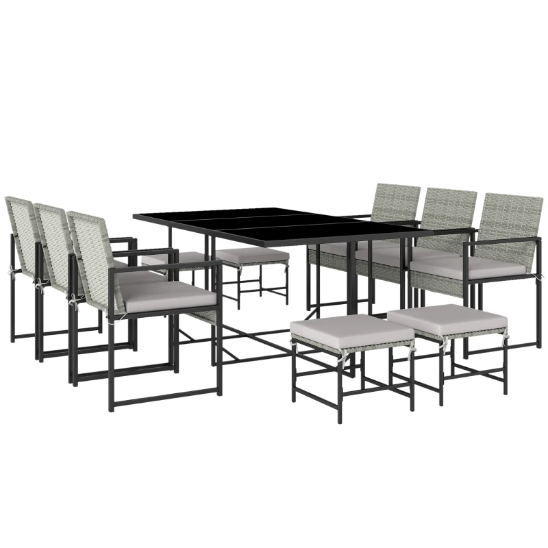 Outsunny Ensemble repas patio 11 pièces, mobilier extérieur avec 6 fauteuils, 4 poufs, Gris