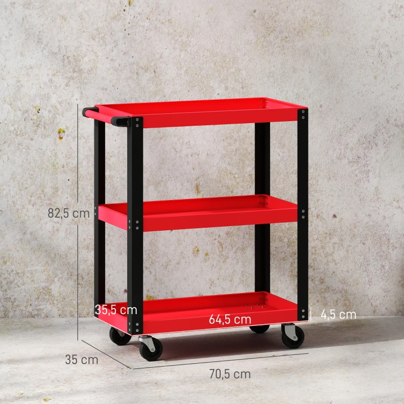 HOMCOM Carro de Herramientas con 3 Estantes Ruedas y Asas para Garaje Mecánico Hogar Carga 120 kg Rojo y Negro