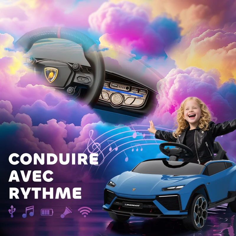 AIYAPLAY Voiture électrique enfant véhicule électrique Lamborghini 12V télécommande 2,4G et 2 moteurs vitesse max. 4 km/h bleu
