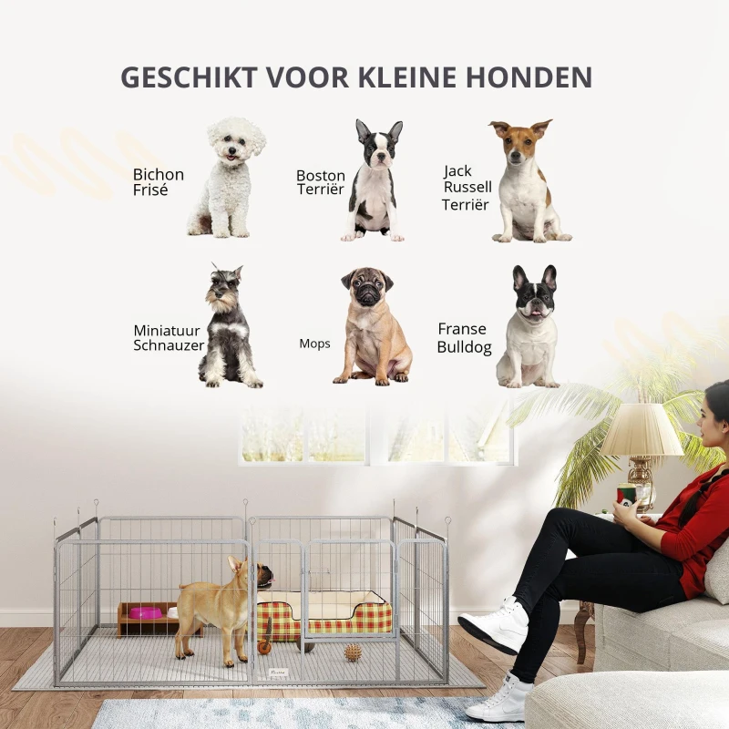 PawHut Huisdierenren, Hondenhek, Huisdierenspeelplaats, Flexibel Aanpasbaar, Roestvrij Staal(m-4)