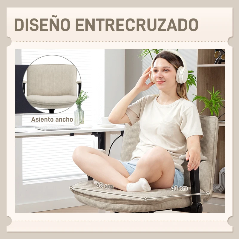 HOMCOM Silla de Oficina Piernas Cruzadas con Reposabrazos Abatible Asiento Ancho sin Ruedas Altura Ajustable Giratoria Crema