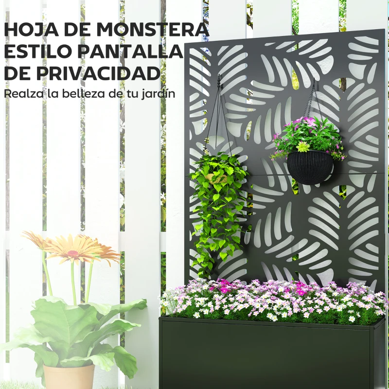 Outsunny Jardinera Exterior Grande con Ruedas Pantalla de Privacidad de Hojas de Monstera Marco Metal 90x30x160 cm Negro