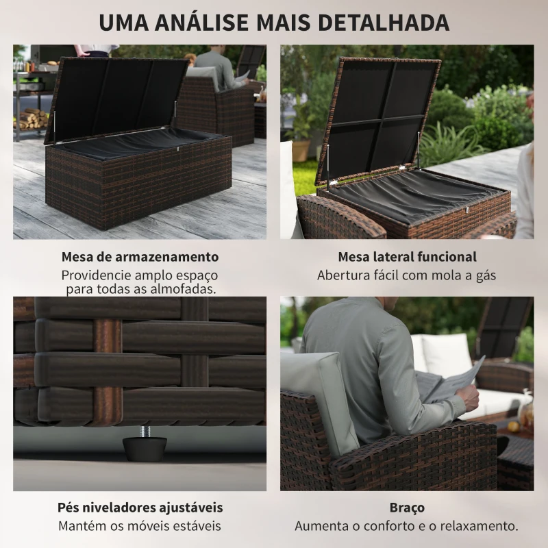 Outsunny Conjunto de Jardim Exterior de Vime 6 Peças Almofadas Sofá Duplo Sofá de 3 Lugares 2 Poltronas 2 Mesas Auxiliares Bege