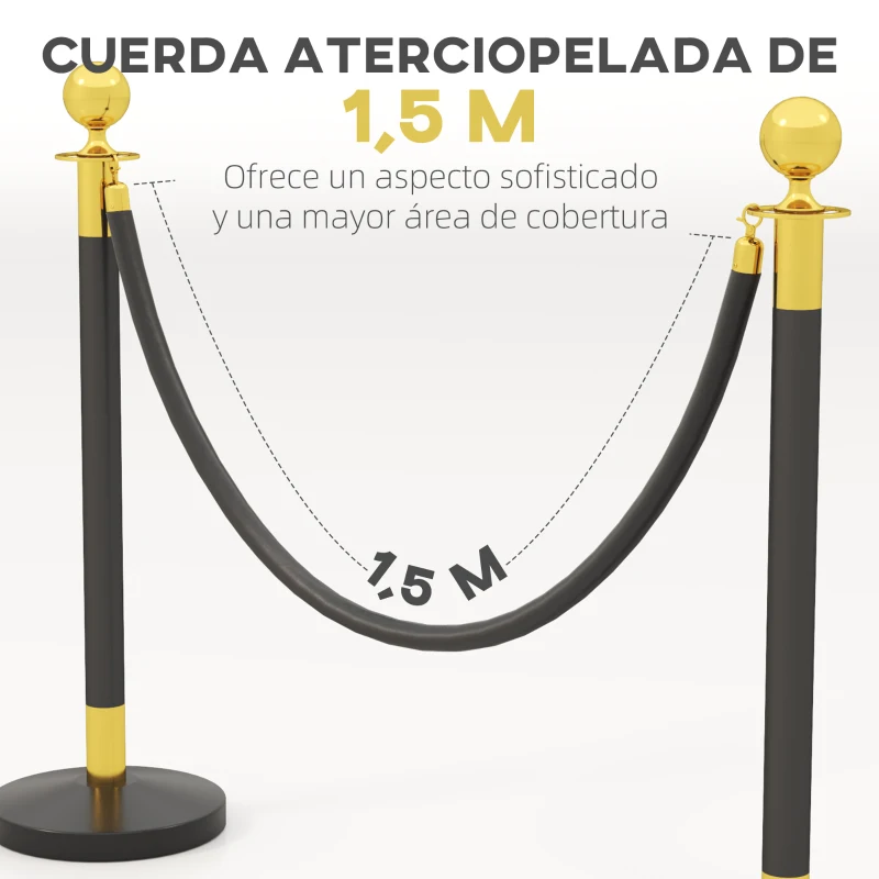 HOMCOM Postes Separadores de Acero Inoxidable de 2 Piezas 96 cm de Altura Base Rellenable Cuerda de Terciopelo Negro
