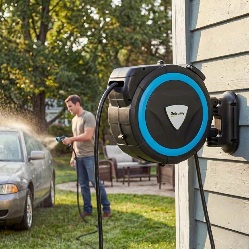 Outsunny Derulator Furtun Udare Montat pe Perete 14+1,5 m cu Blocare și Adaptoare, Rotativ 180°, 12 Moduri, 49x15x37cm, Albastru