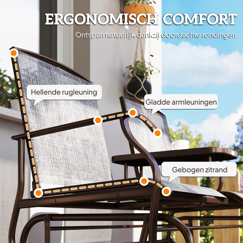 Outsunny Metaal tuinbank schommelstoel tuinstoel 2-zits met tafel schommel bruin