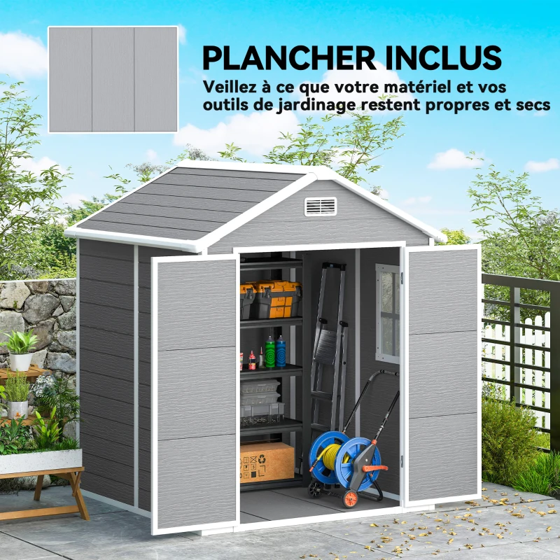 Outsunny Abri de jardin en résine 2,7 m² avec plancher portes à loquet 3 fenêtre structure en aluminium 240 x 190 x 228 cm gris