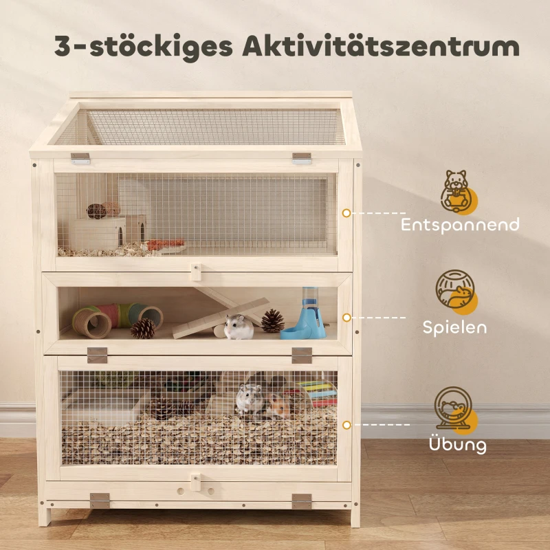 PawHut Hamsterkäfig aus Holz 3 Etagen Nagerkäfig Kleintierkäfig mit Hütten Wippen Rampen Wasserschalen 68x61,5x90 cm Naturholz