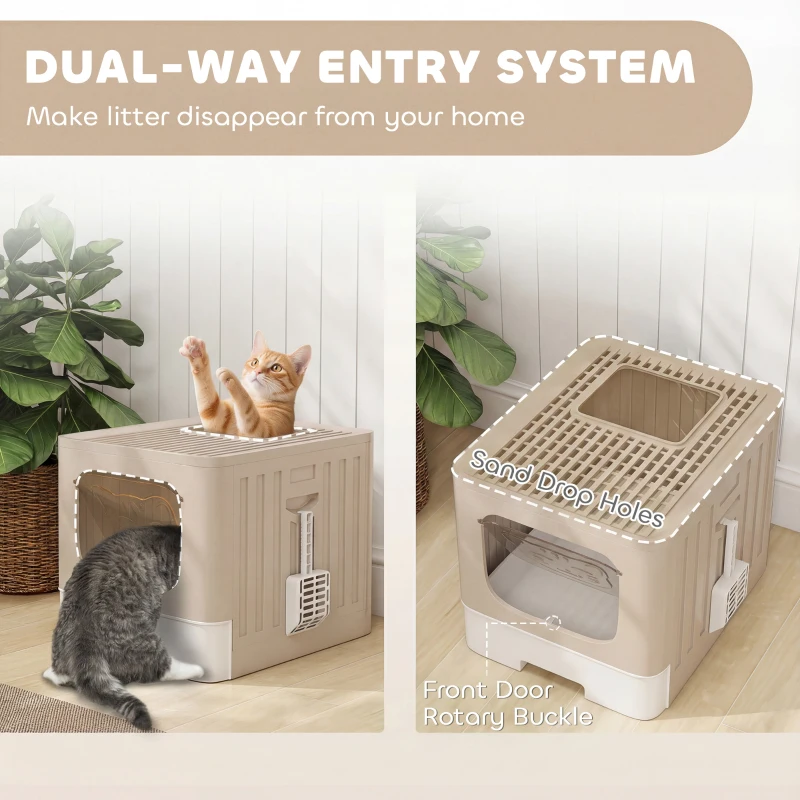 PawHut Cat Litter Box with Lid, Slide-Out Drawer, Scoop, Easy Clean, Odour Control, Anti-Splashing, Khaki