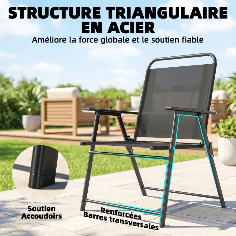 Outsunny Lot de 4 chaises de jardin pliantes avec accoudoirs, chaises d'extérieur avec assise large en textilène, noir