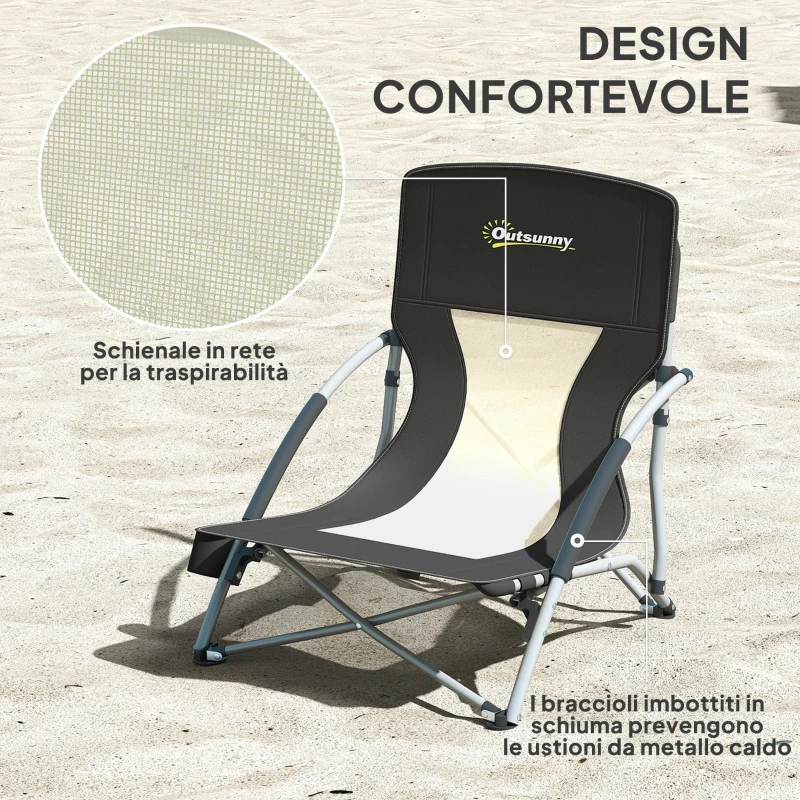 Outsunny Sedia da Spiaggia Pieghevole con Schienale a Rete e Portabicchieri, in Metallo e Tessuto Oxford, 58x55x62 cm, Nero