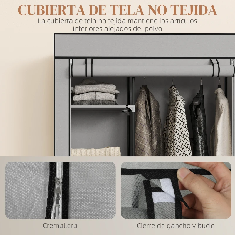 HOMCOM Armario de Tela con Ruedas Ropero Portátil con 6 Estantes y 1 Barra de Colgar para Dormitorio 103x43x162,5 cm Gris