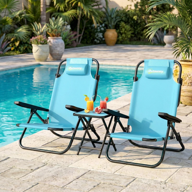 Outsunny Set 2 sedie spiaggia pieghevoli reclinabili con poggiatesta, Blu chiaro