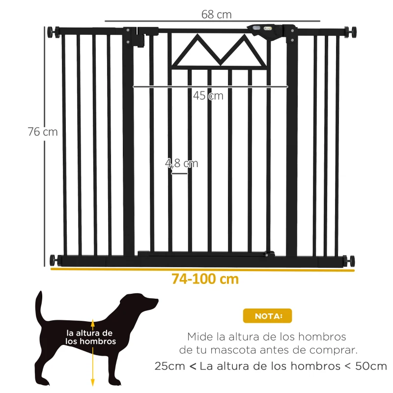 PawHut Barrera para Mascotas Extensible con Cierre Automático y Sistema de Doble Bloqueo 74-100x76 cm Negro