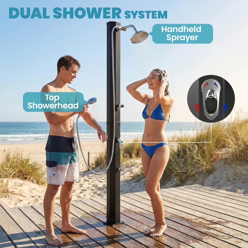 Outsunny Zonnedouche 35L Tuindouche met Vorstbescherming draaibare regendouchekop kraan, aansluiting voor tuinslang