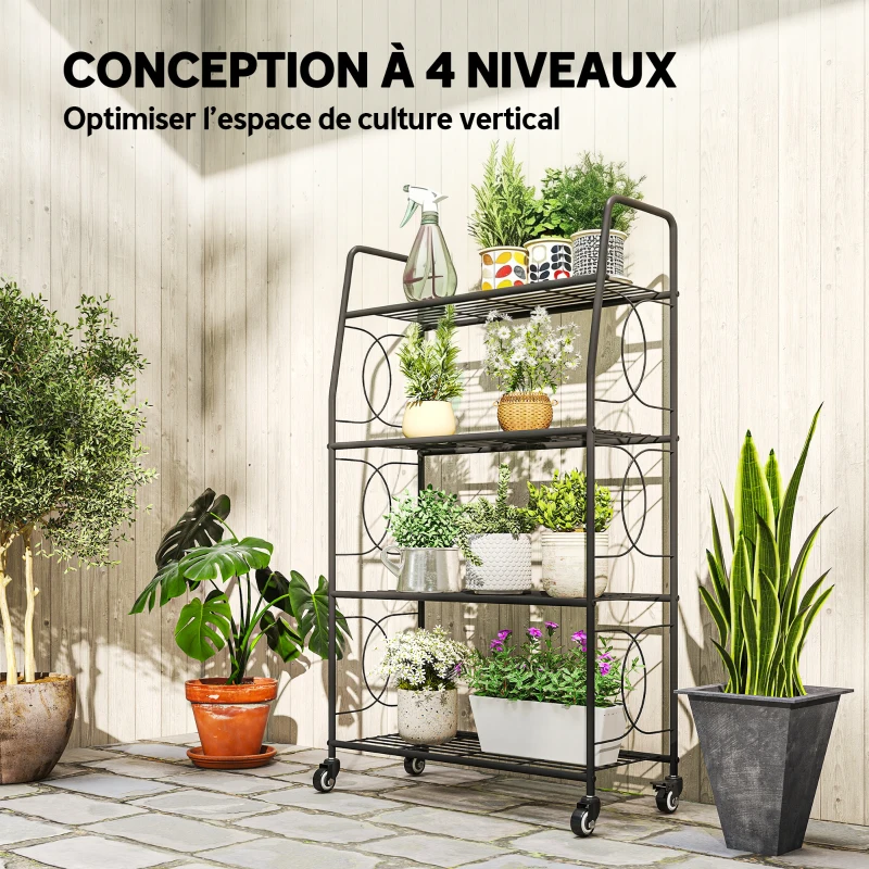 Outsunny Étagère à Fleurs en métal 4 Niveaux avec roues Intérieur et Extérieur, support de plantes 67 x 29 x 114 cm Noir