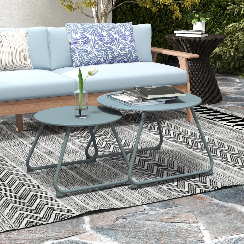 Outsunny Lot de 2 tables basses rondes gigognes empilables de Jardin métal époxy, Table d'Appoint Stable pour extérieur, Bleu