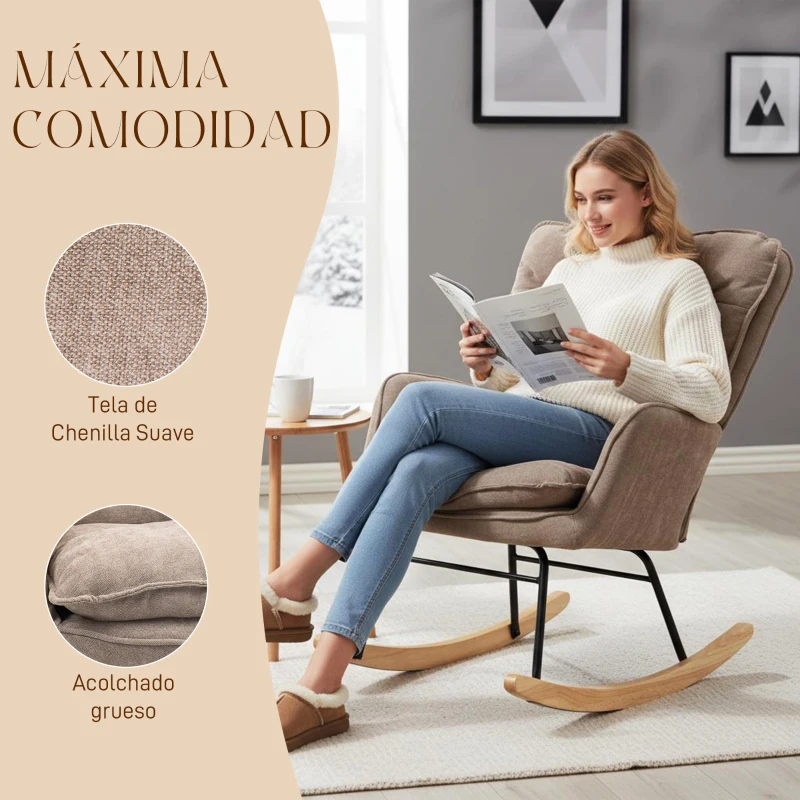HOMCOM Silla Mecedora con Patas de Madera de Haya y Reposabrazos Mecedora para Lactancia Carga 120 kg para Dormitorio Marrón