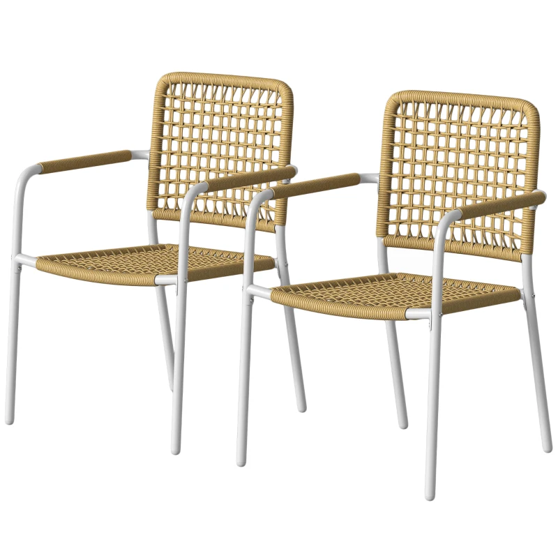 Outsunny Pack de 2 Sillas de Jardín Apilables de Resina Trenzada con Reposabrazos y Respaldo, 55x57x82cm, Amarillo