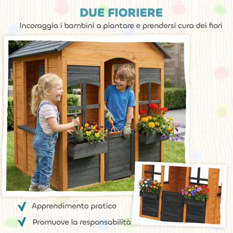 AIYAPLAY Casetta in Legno Bambini con Vasi Fiori, per Gioco Esterno/Interno, Età 3–8, Marrone
