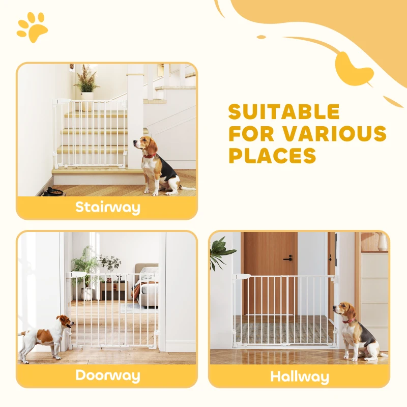 PawHut Barrière de sécurité pour chiens 74,5-111,5 cm Porte pour chiens pour escaliers avec loquet Fermeture automatique Blanc
