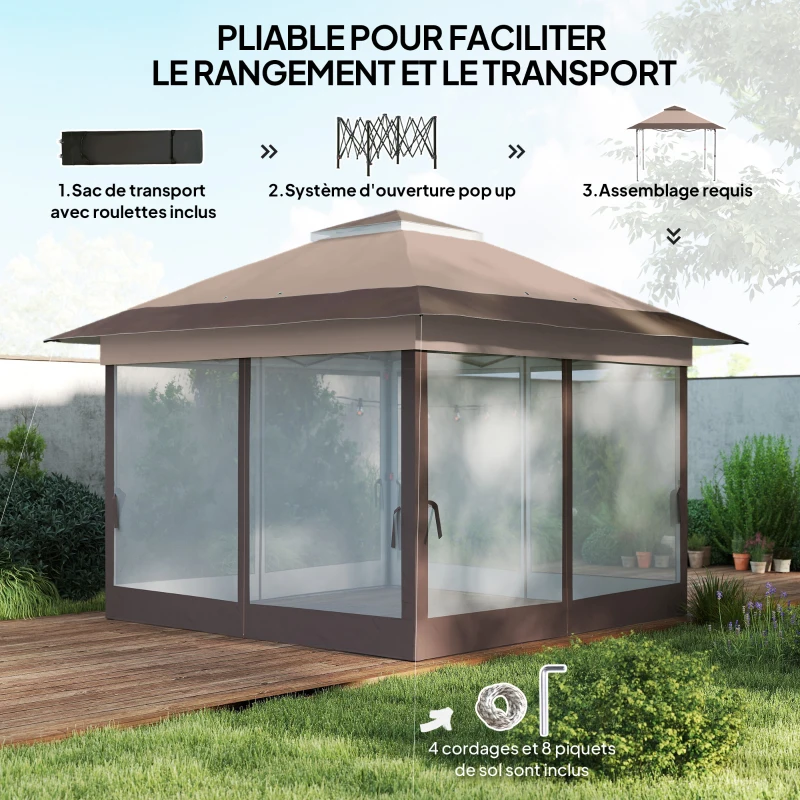 Outsunny Tonnelle barnum de jardin pop-up pliant acier polyester moustiquaires + sac de transport à roulettes kaki marron