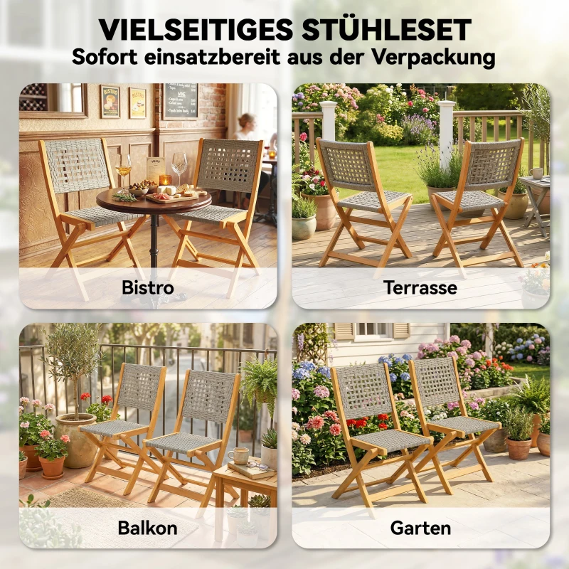 Outsunny Lot de 2 chaises de jardin FSC pliantes, assise respirante, hauteur d'assise confortable en bois massif & polyrattan