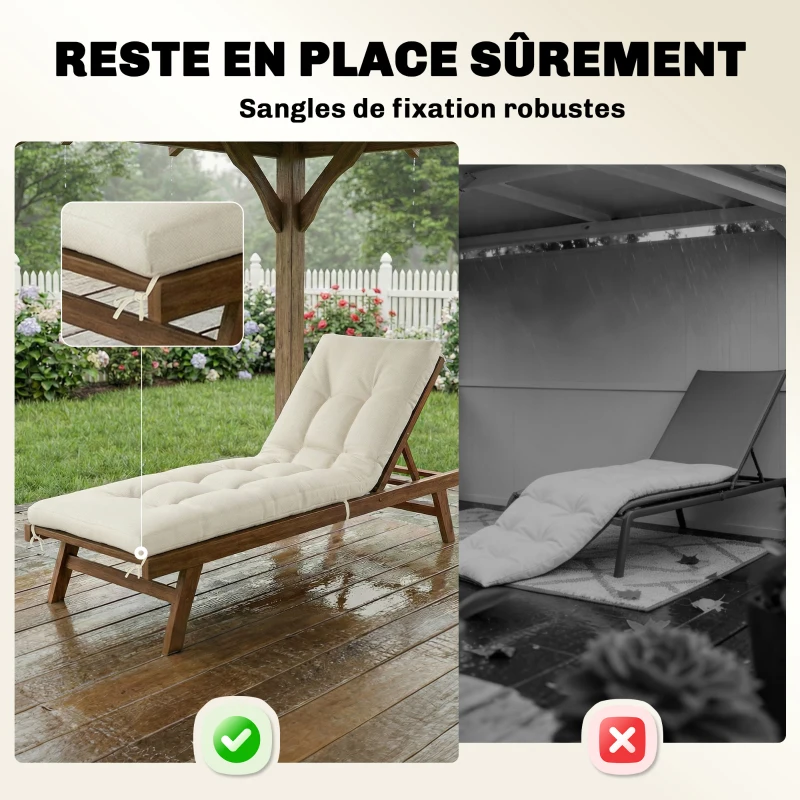 Outsunny Coussin Bain de Soleil Chaise Longue en Mousse à Mémoire avec Sangles, Protection UV50+, 198x65x13cm, Beige