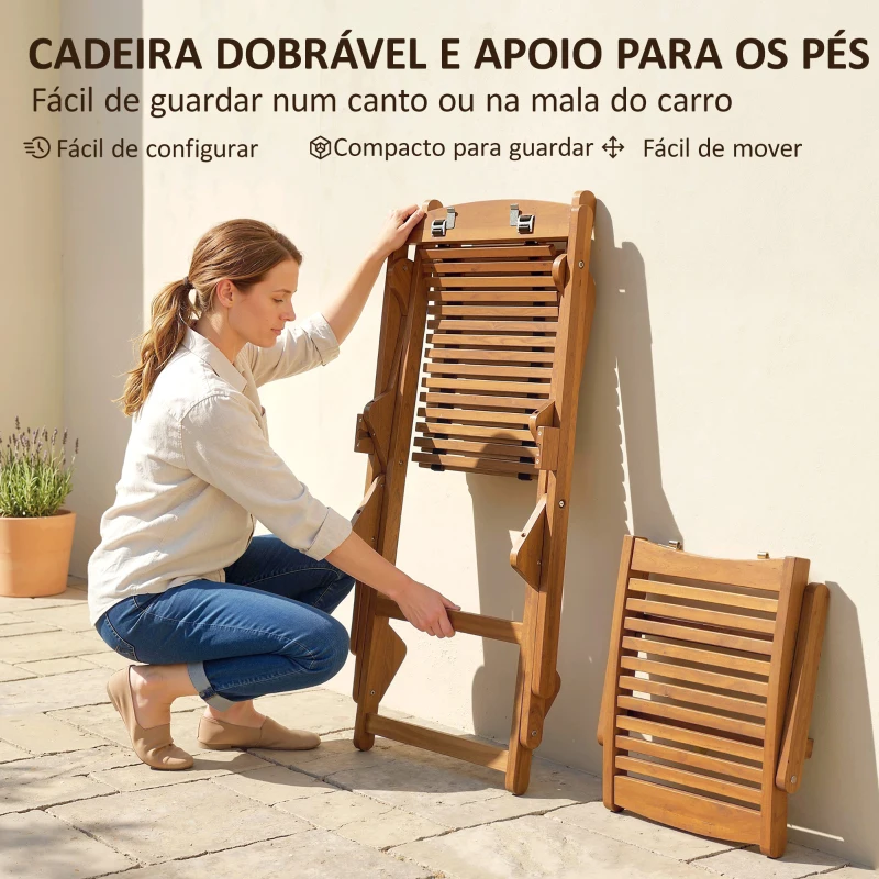 Outsunny Espreguiçadeira Dobrável de Madeira de Acácia com Descanso para os Pés Removível e Almofada com Apoio de Cabeça 158x61x70 cm Bege