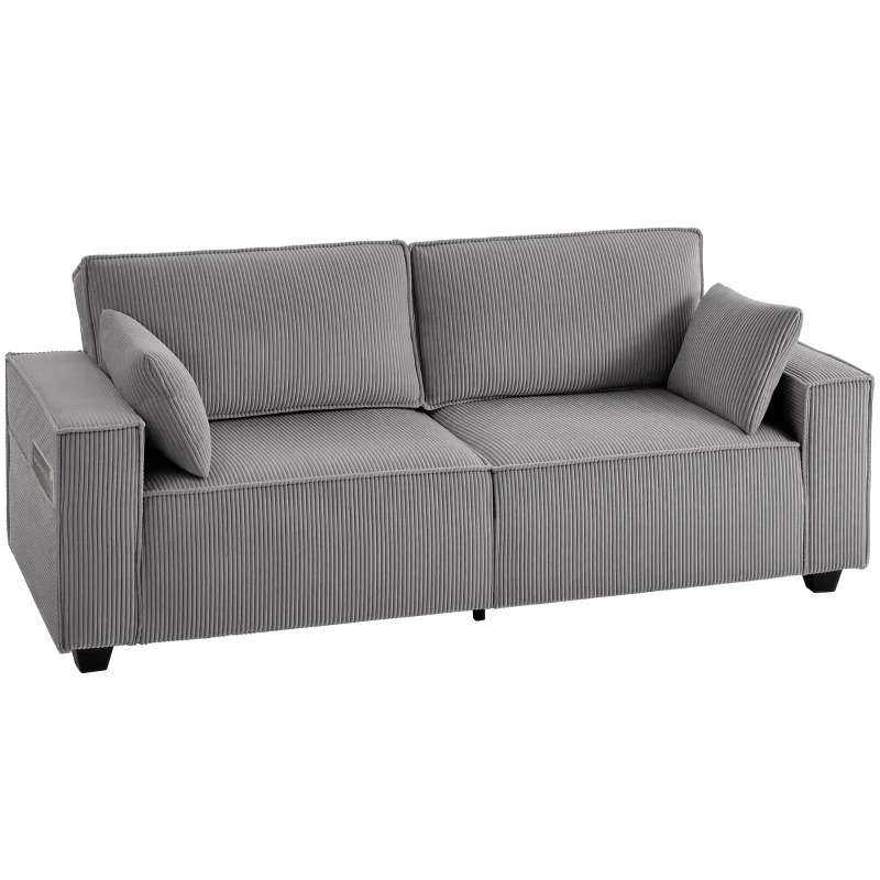 HOMCOM Canapé 3 places 218 cm, canapé moderne en velours côtelé avec rembourrage à ressorts ensachés, accoudoirs larges et 2 coussins, gris clair