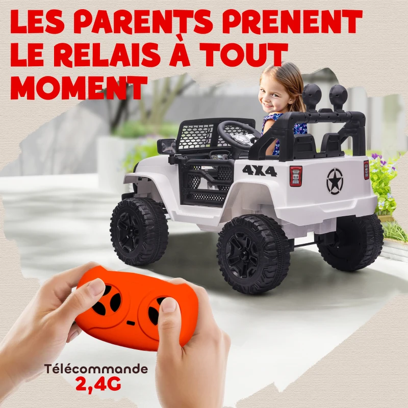 HOMCOM Voiture électrique Enfant Propulsion arrière 12 V 5 Km/h Max. télécommande Incluse Effets Lumineux sonores dim. 100L x 65l x 72H cm Blanc