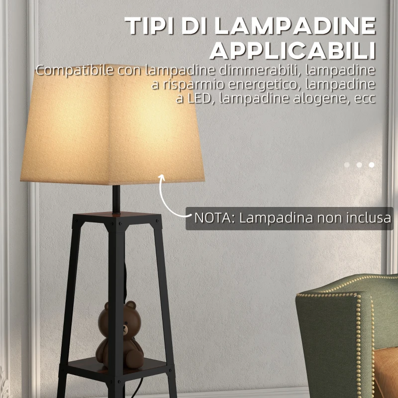HOMCOM Lampada da Terra in Metallo e MDF a 3 Ripiani con Paralume in Tessuto, Ø42x166 cm, Nero e Beige