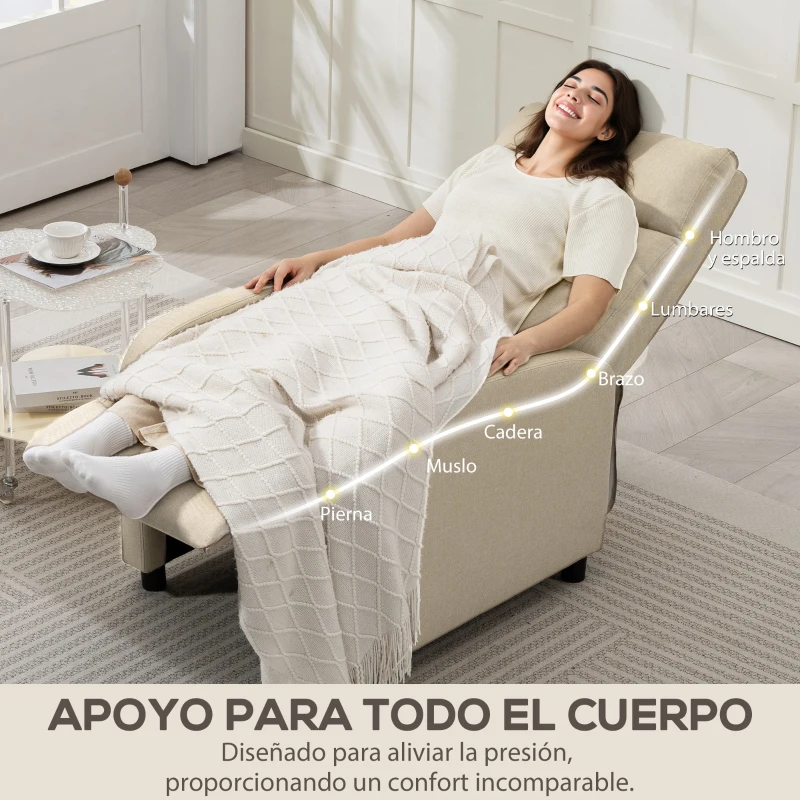 HOMCOM Sillón Relax Reclinable Manual hasta 155º Apertura Push con Reposapiés Respaldo Alto Acolchado Grueso Beige