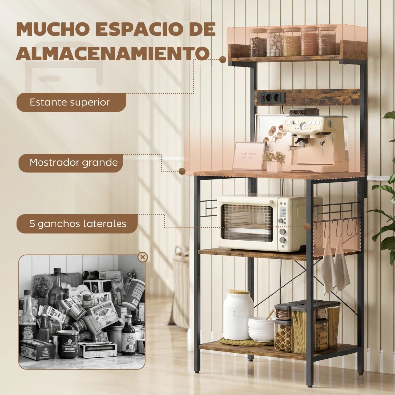 HOMCOM Estantería de Cocina con 2 Tomacorrientes Estante para Microondas Estante Ajustable Ganchos 60x42x137 cm Marrón Rústico