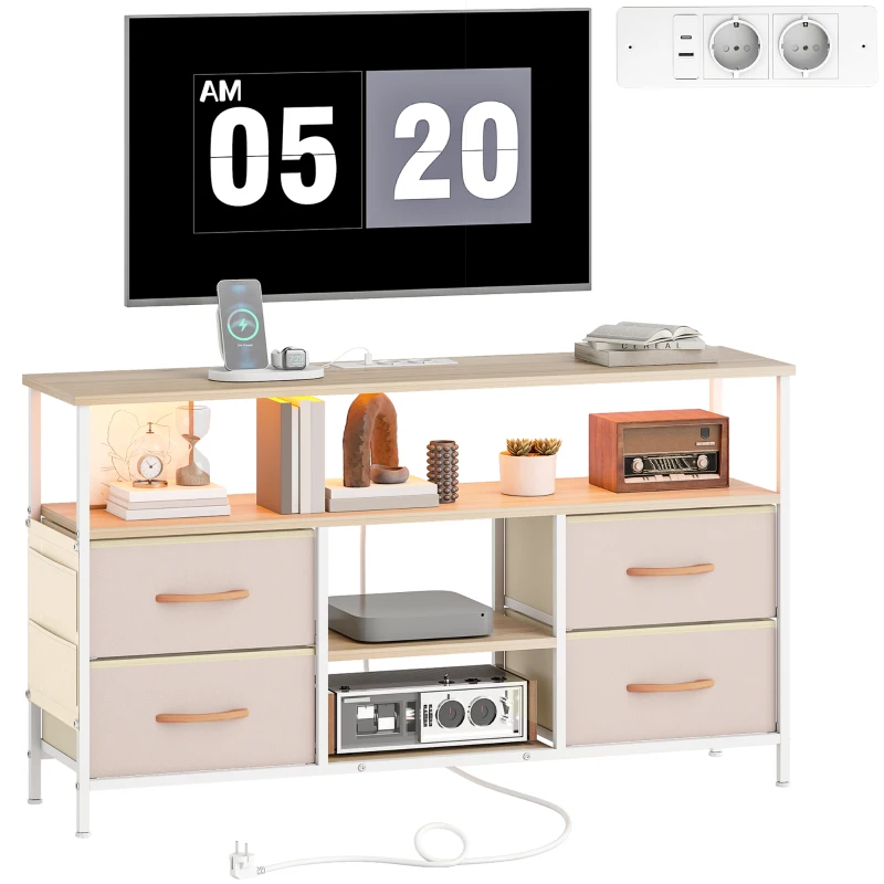 HOMCOM Mueble de TV con Luz LED y Enchufes Puertos USB Estantes Abiertos 4 Cajones plegables 120x30x67,5 cm Beige y Blanco