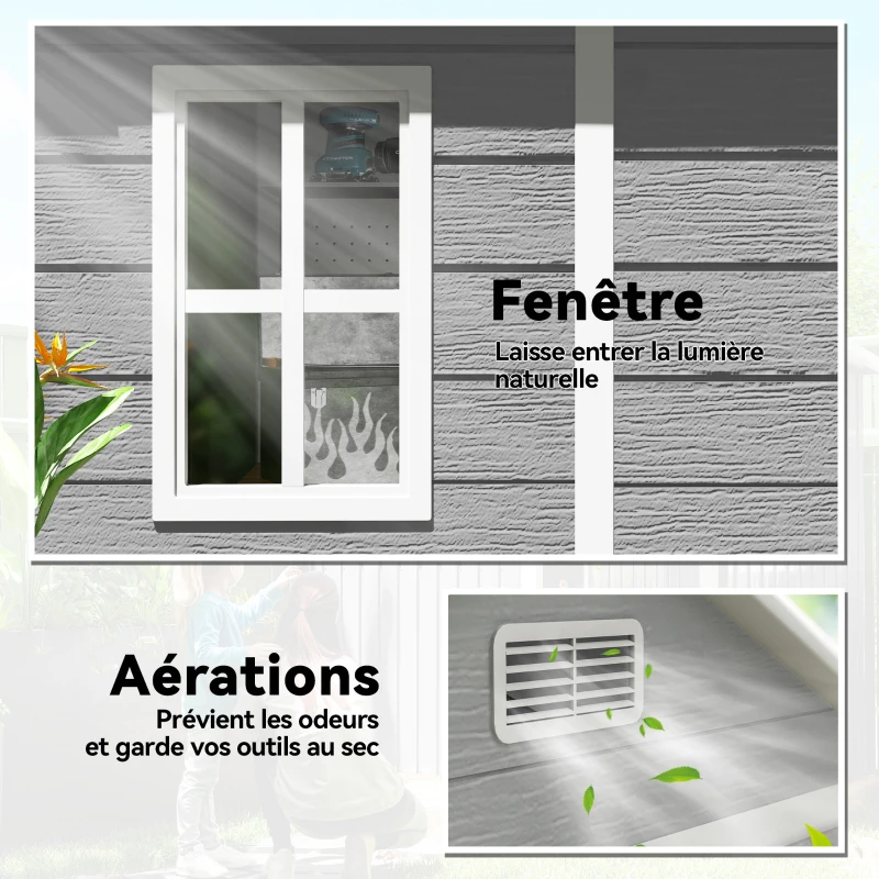 Outsunny Abri de jardin en résine 2,7 m² avec plancher portes à loquet 3 fenêtre structure en aluminium 240 x 190 x 228 cm gris