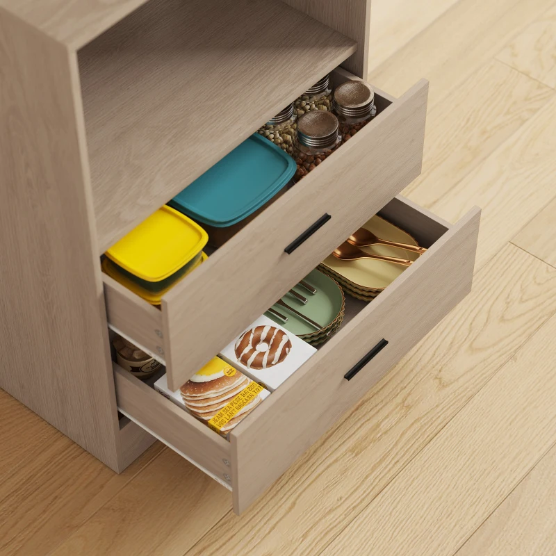 HOMCOM Mobile microonde con 2 cassetti, 2 ante, pannello forato e ganci, Legno naturale