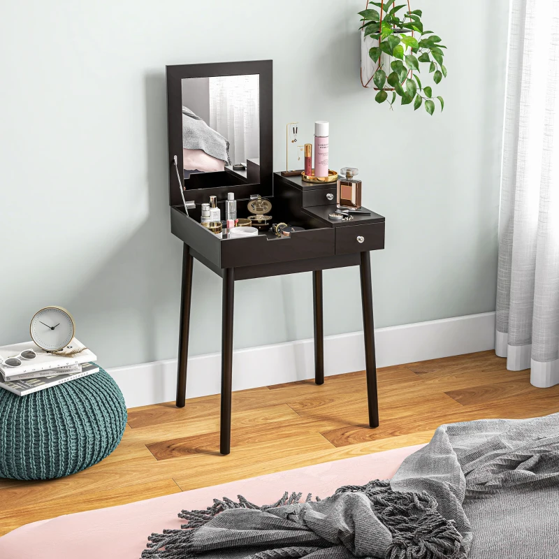 HOMCOM Coiffeuse avec miroir table de maquillage, 2 tiroirs, miroir pliable pour chambre à coucher, salon, 60x50x85,5cm, noir